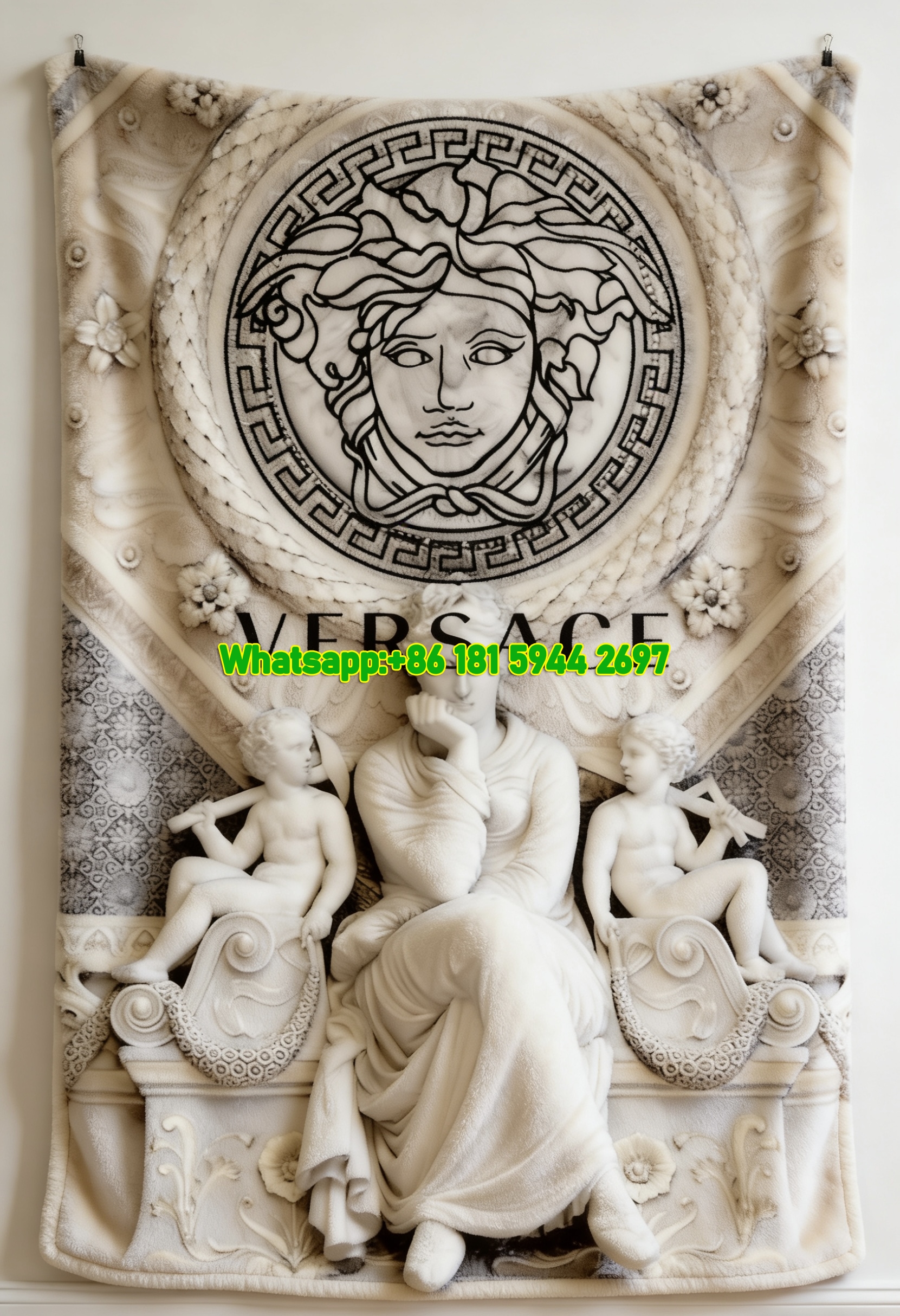 Versace Black White Medusa Greek Key Sculpture Print Flannel Sofa Throw Blanket IMG_1303